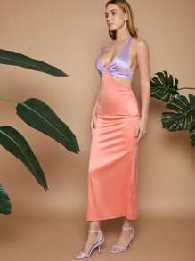SHEIN Unity เดรส ลายบล็อกสี เกาะอกเปลือยหลัง - มัลติคัลเลอร์ - ดู 3