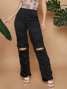 SHEIN Unity Cut Out Detail Ruched Stacked Sweatpants - Black - View 1
