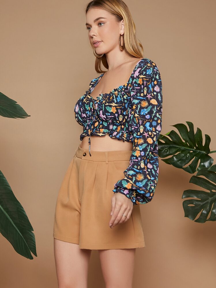 SHEIN VCAY Floral Bishop Sleeve Tie Front Crop Chiffon Blouse - Multicolor - View 3