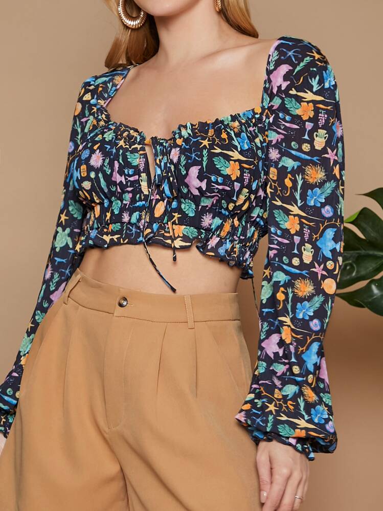 SHEIN VCAY Floral Bishop Sleeve Tie Front Crop Chiffon Blouse - Multicolor - View 4