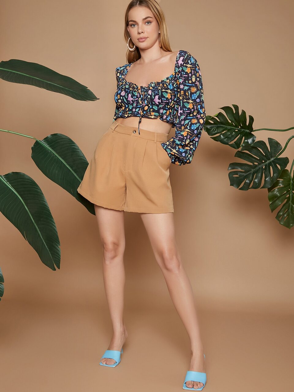 Floral Bishop Sleeve Tie Front Crop Chiffon Blouse