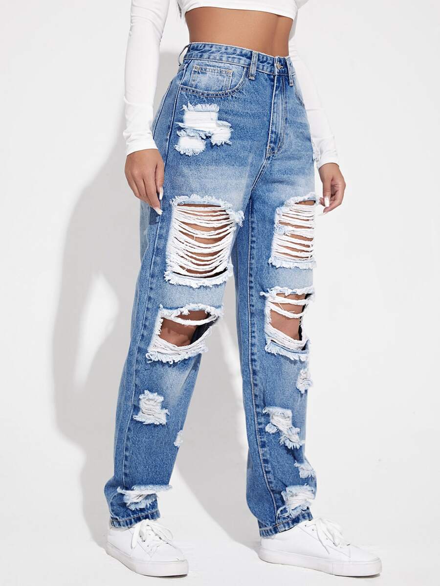 SHEIN EZwear Ripped Detail Boyfriend Jeans - Light Wash - View 1
