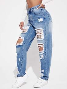 SHEIN EZwear Ripped Detail Boyfriend Jeans - Light Wash - View 3