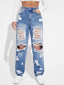 SHEIN EZwear Ripped Detail Boyfriend Jeans - Light Wash - View 4