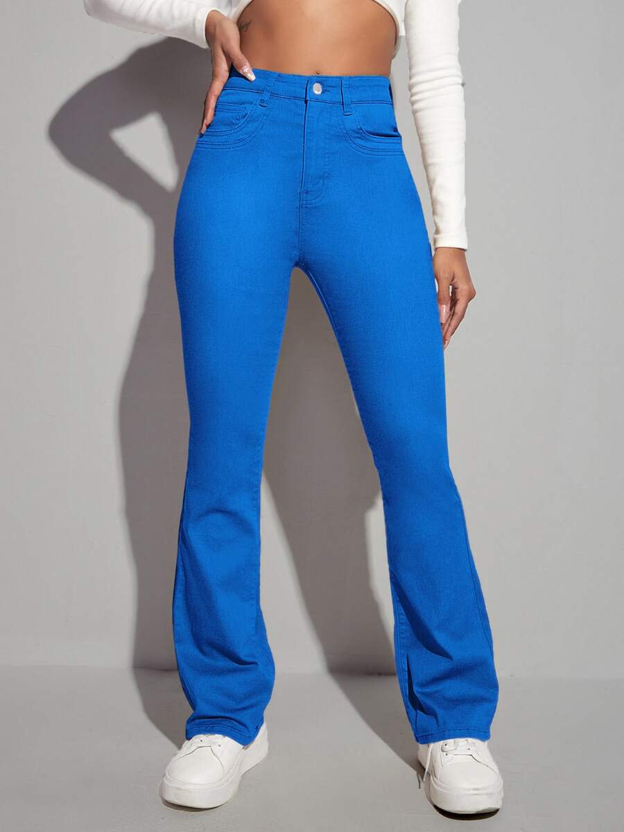 High Waist Bleach Wash Flare Leg Jeans - Royal Blue - View 1