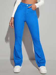 High Waist Bleach Wash Flare Leg Jeans - Royal Blue - View 3
