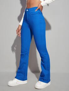 High Waist Bleach Wash Flare Leg Jeans - Royal Blue - View 4
