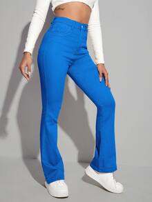 High Waist Bleach Wash Flare Leg Jeans - Royal Blue - View 5