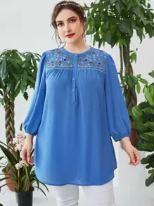 SHEIN LUNE Plus Geo Embroidery Lantern Sleeve Blouse - Blue - View 1