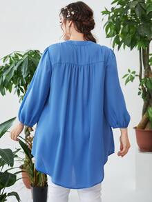 SHEIN LUNE Plus Geo Embroidery Lantern Sleeve Blouse - Blue - View 2