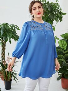 SHEIN LUNE Plus Geo Embroidery Lantern Sleeve Blouse - Blue - View 3