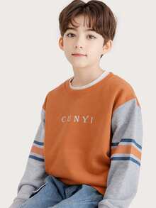 男孩1入組落肩袖字母和條紋圖案套頭衫 - 橘色 - 查看 5