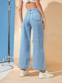 SHEIN Frenchy 高腰闊腿牛仔褲 - 淺色水洗藍 - 查看 2
