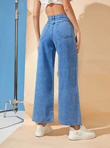 Jeans de talle alto de pierna ancha - Azul lavado medio - Ver 2