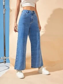 Jeans de talle alto de pierna ancha - Azul lavado medio - Ver 3