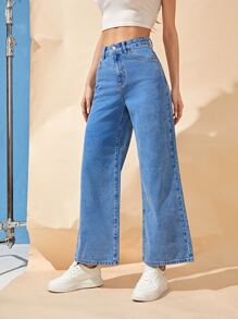 Jeans de talle alto de pierna ancha - Azul lavado medio - Ver 5
