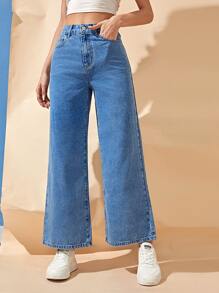 Jeans de talle alto de pierna ancha - Azul lavado medio - Ver 4
