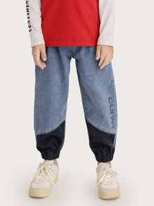 Niños Jeans con estampado de letra de color combinado - Lavado ligero - Ver 1