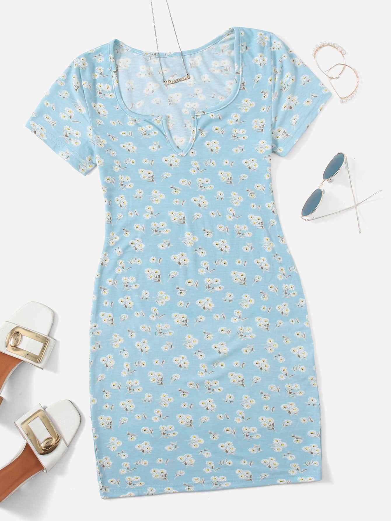 SHEIN EZwear Ditsy Floral Notched Neck Bodycon Dress - Mint Blue - View 1
