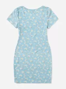 SHEIN EZwear Ditsy Floral Notched Neck Bodycon Dress - Mint Blue - View 2
