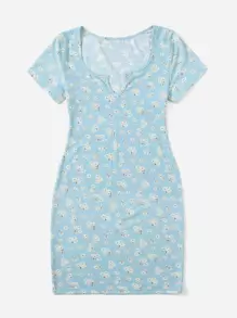 SHEIN EZwear Ditsy Floral Notched Neck Bodycon Dress - Mint Blue - View 3