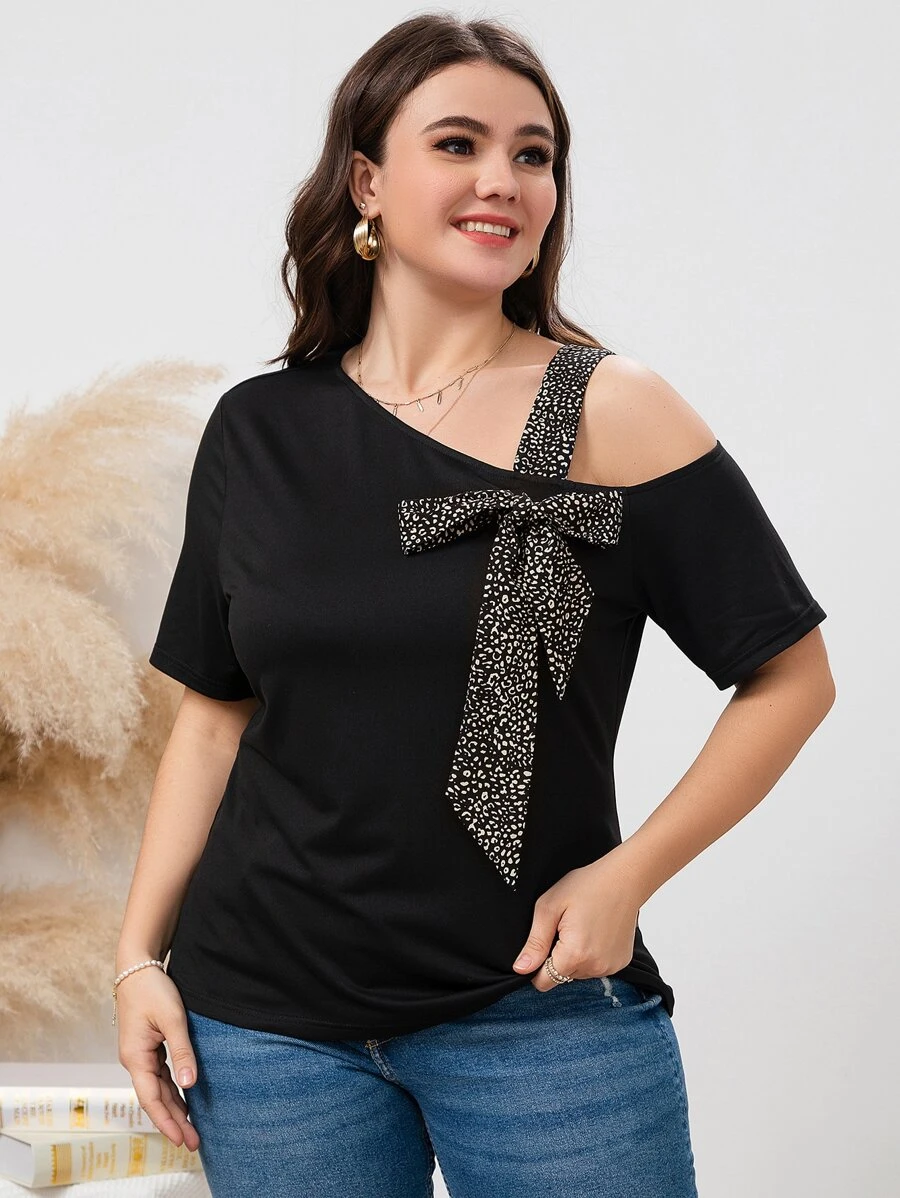 SHEIN LUNE 大碼豹紋印花前繫帶不對稱領T恤 - 黑色 - 查看 1