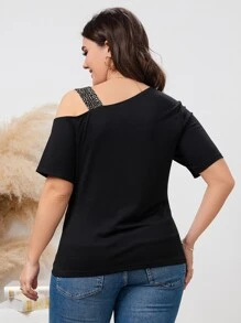 SHEIN LUNE 大碼豹紋印花前繫帶不對稱領T恤 - 黑色 - 查看 2