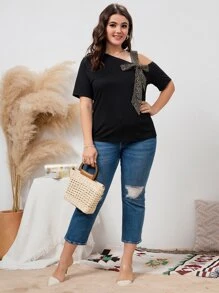 SHEIN LUNE 大碼豹紋印花前繫帶不對稱領T恤 - 黑色 - 查看 3