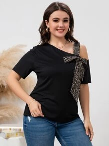 SHEIN LUNE 大碼豹紋印花前繫帶不對稱領T恤 - 黑色 - 查看 4