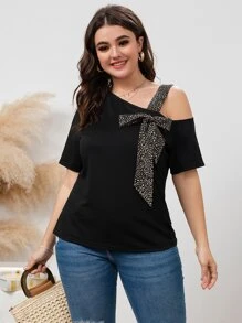 SHEIN LUNE 大碼豹紋印花前繫帶不對稱領T恤 - 黑色 - 查看 5