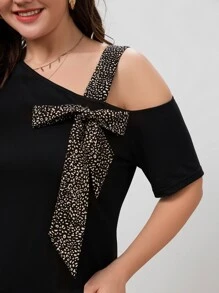 SHEIN LUNE 大碼豹紋印花前繫帶不對稱領T恤 - 黑色 - 查看 6