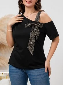 SHEIN LUNE 大碼豹紋印花前繫帶不對稱領T恤 - 黑色 - 查看 7