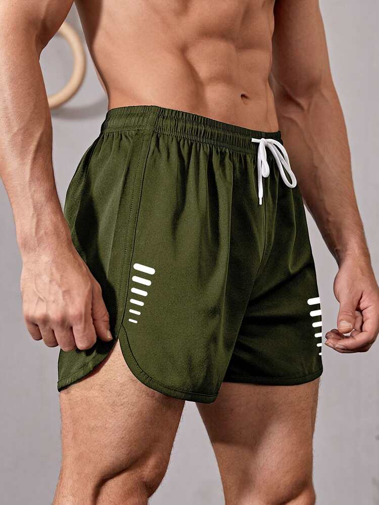 Manfinity Sport Corelite 男友风男式几何印花抽绳腰部运动弹力短裤健身短裤 - 軍綠色 - 查看 3