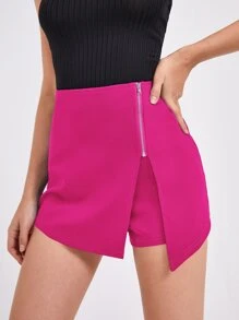 SHEIN Essnce 拉鏈不對稱下擺褲裙 - 玫紅色 - 查看 1