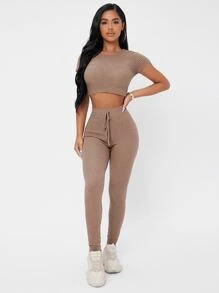 SHEIN PETITE tejido waffle Camiseta corta & de cintura con cordón Leggings Conjunto