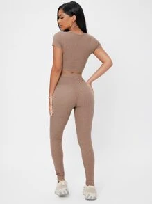 SHEIN PETITE tejido waffle Camiseta corta & de cintura con cordón Leggings Conjunto