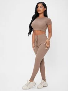 SHEIN PETITE tejido waffle Camiseta corta & de cintura con cordón Leggings Conjunto