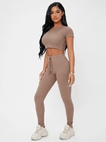 SHEIN PETITE tejido waffle Camiseta corta & de cintura con cordón Leggings Conjunto