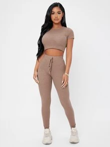SHEIN PETITE tejido waffle Camiseta corta & de cintura con cordón Leggings Conjunto