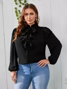 Mulvari Blusa ribete con fruncido de manga farol - Negro - Ver 1