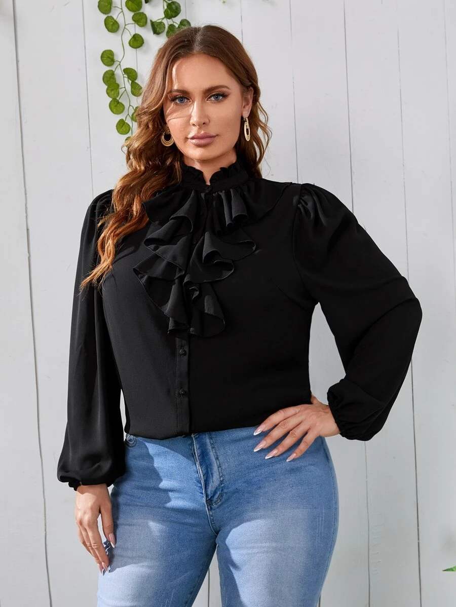 Mulvari Blusa ribete con fruncido de manga farol - Negro - Ver 1