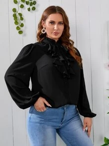 Mulvari Blusa ribete con fruncido de manga farol - Negro - Ver 3