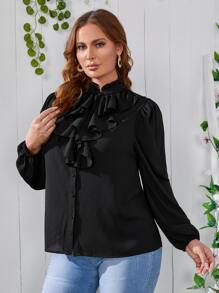 Mulvari Blusa ribete con fruncido de manga farol - Negro - Ver 4