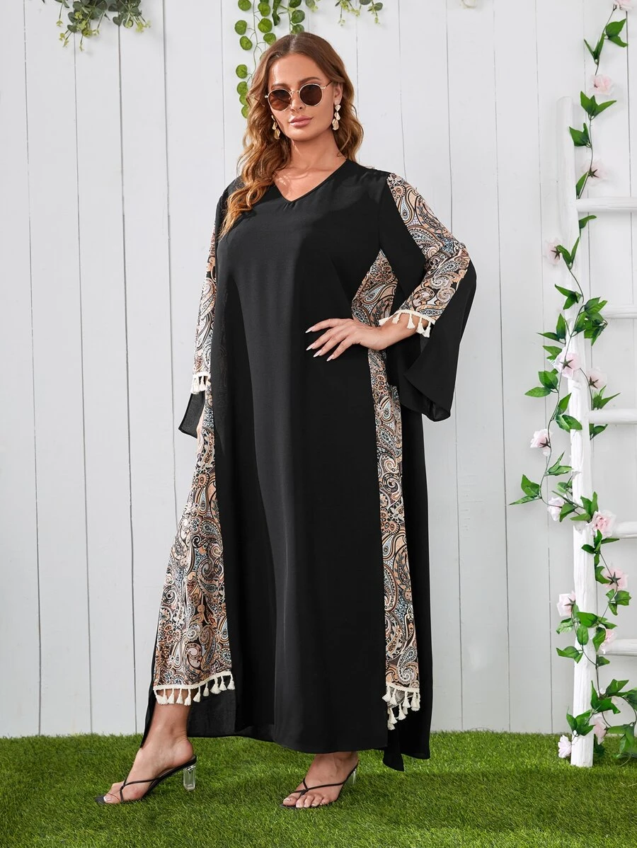 Mulvari Đầm Plus Size Bất đối xứng mép Paisley Boho - màu đen - Xem 1