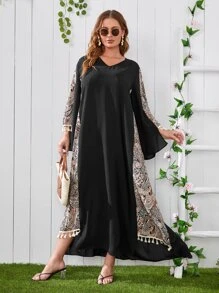 Mulvari Đầm Plus Size Bất đối xứng mép Paisley Boho - màu đen - Xem 3
