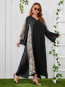 Mulvari Đầm Plus Size Bất đối xứng mép Paisley Boho - màu đen - Xem 4