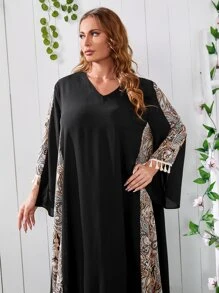 Mulvari Đầm Plus Size Bất đối xứng mép Paisley Boho - màu đen - Xem 5