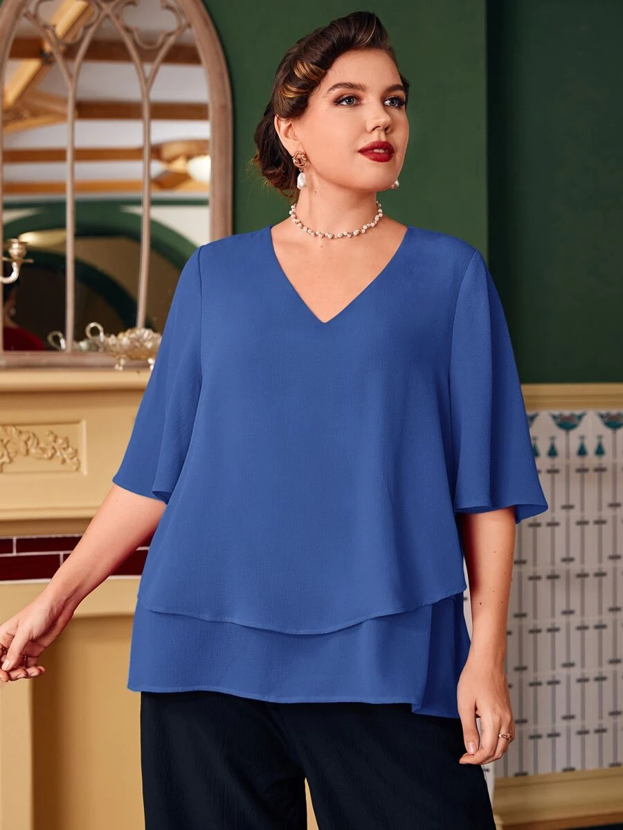 Mulvari Plus Butterfly Sleeve Overlay Blouse - Blue - View 1