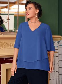 Mulvari Plus Butterfly Sleeve Overlay Blouse - Blue - View 5