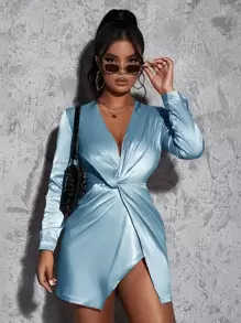 Đầm xoắn lại Trọn gói màu trơn Gợi cảm - Màu xanh nhạt - Xem 1